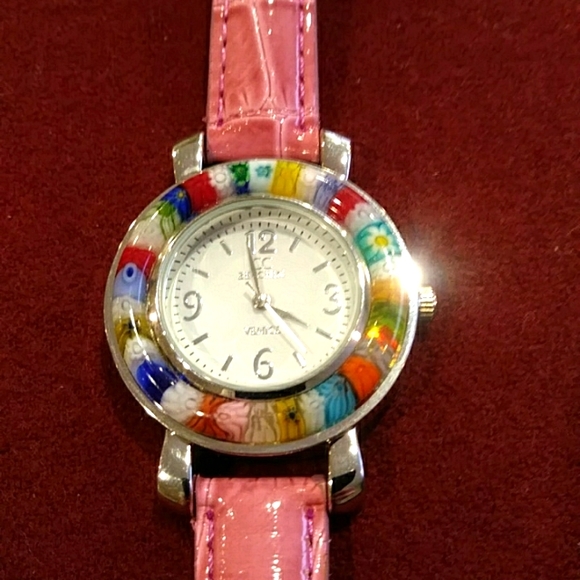 None Accessories - CC ZECCHIN Venetian Colored Floral Glass Watch Pink Strap Silver Case White Face